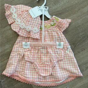 Tahari Pink Gingham Baby Dress with Floral Embroidery